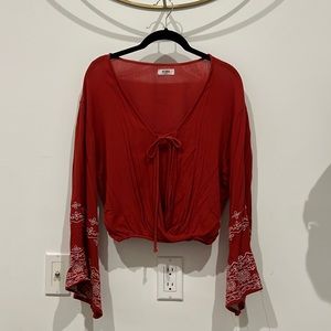 Red bohemian tie front, bell sleeve top